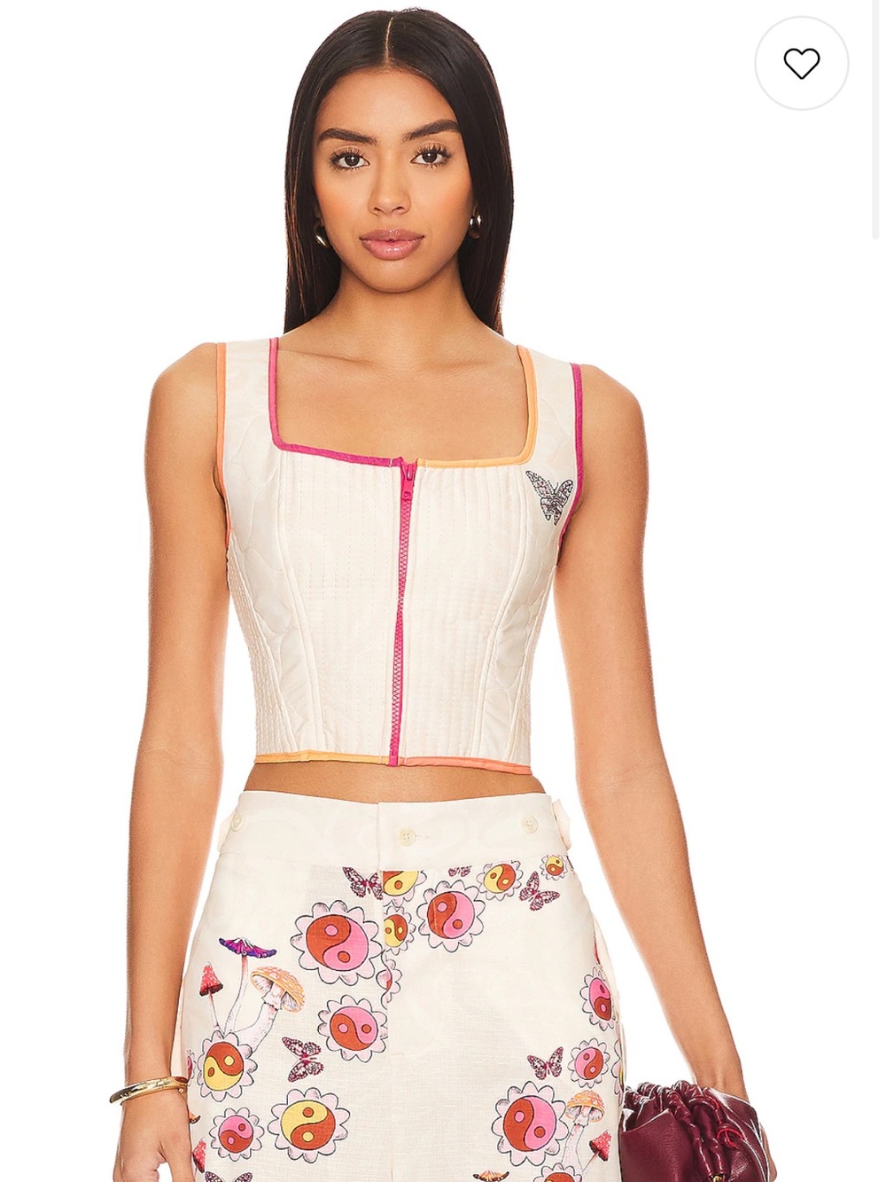 Agua Bendita Cream Crop Top with Pink and Orange Trim